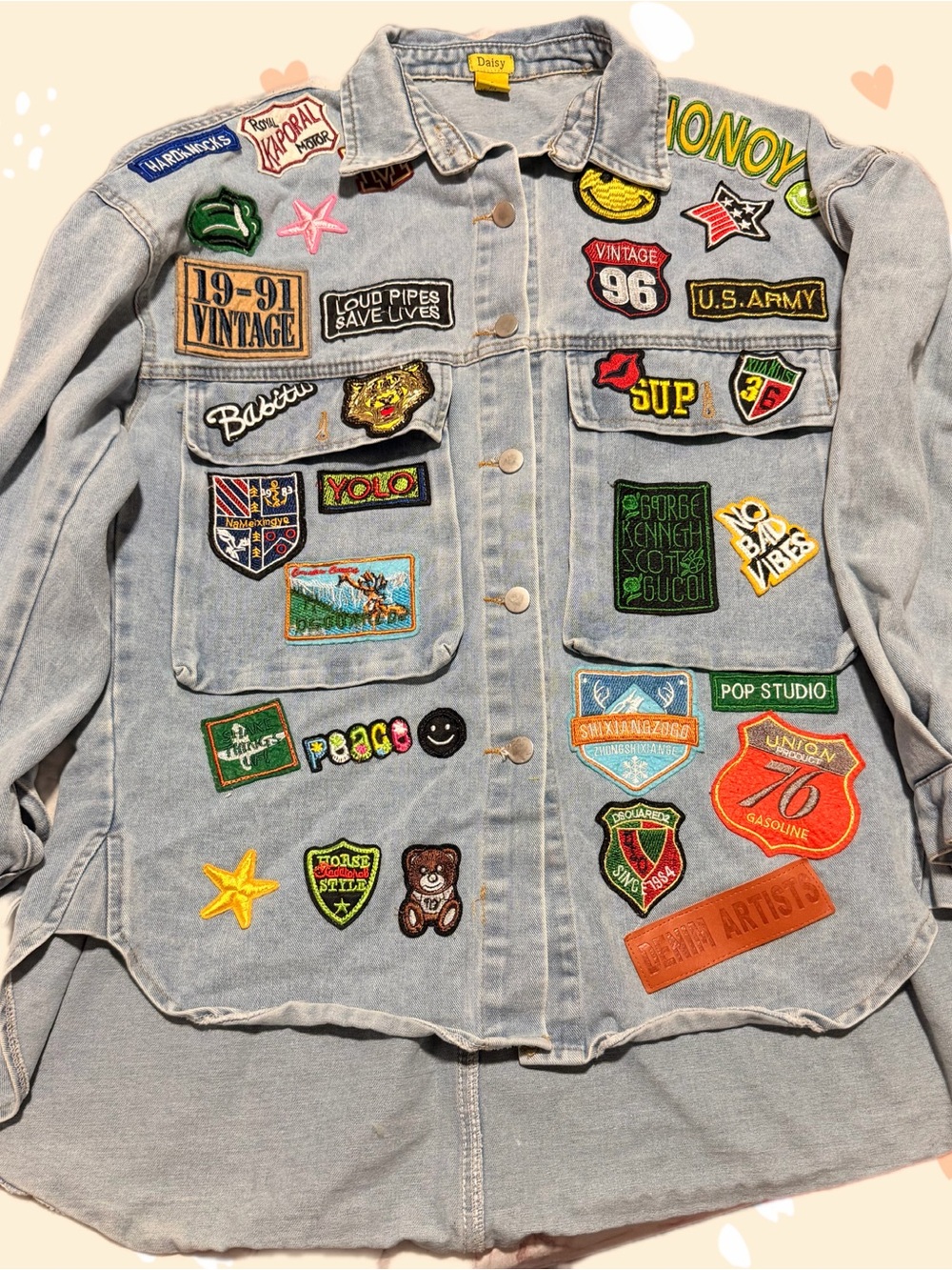 Daisy Light Blue Denim Jacket with Colorful Embroidered Patches